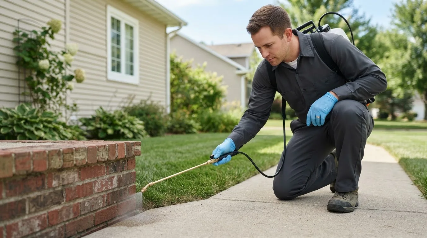 Pest control technician treating a home near Rake, IA