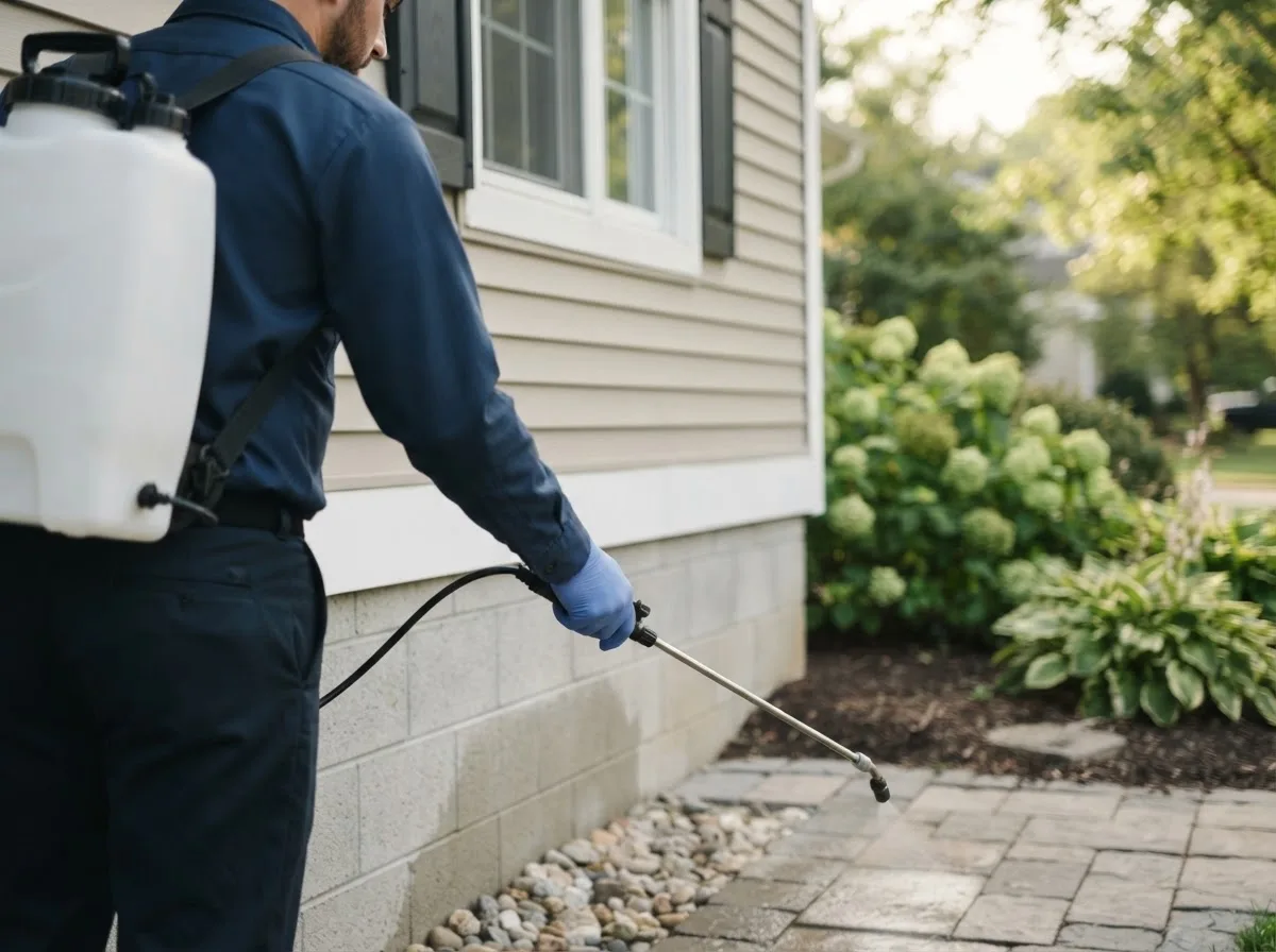 Pest control technician inspecting a home in Rake, IA